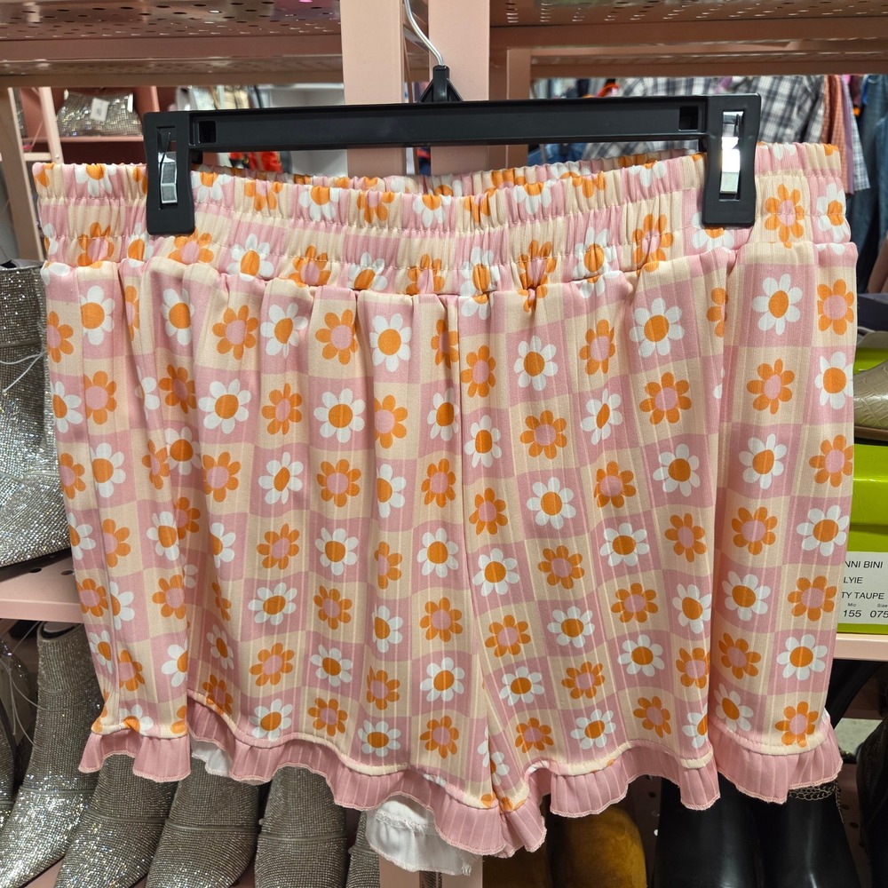 JK Women Pink Checkered Daisy Floral Ruffle Hem Lounge Shorts 3XL New